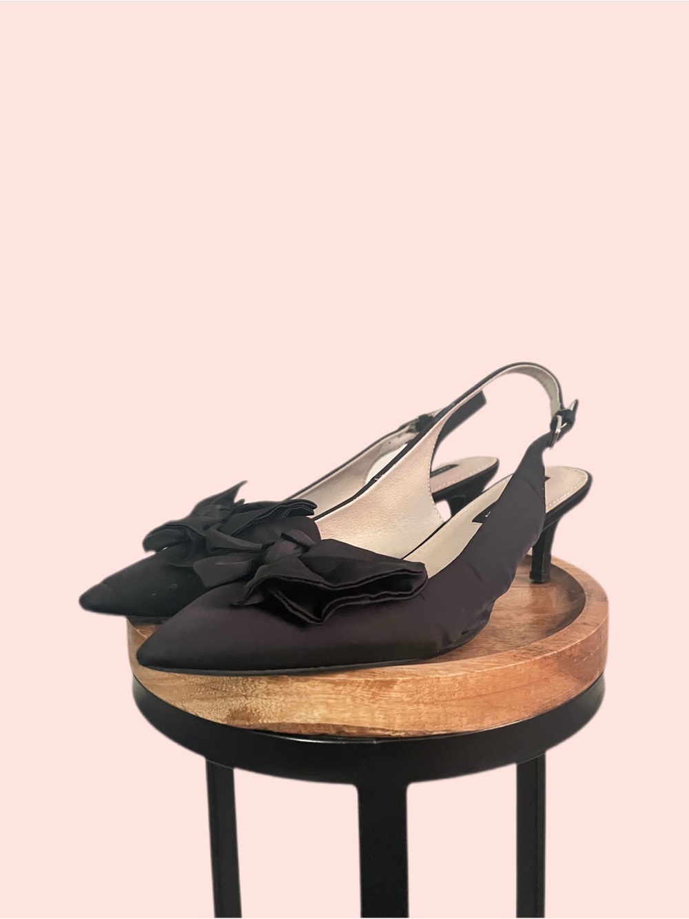 French Connection Black Pointed Slingback Heels with Ruffled Bow
